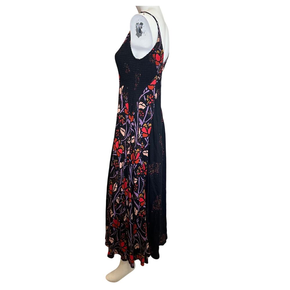 Free People Floral Smocked Maxi Dress XS Black Pink Purple Boho Stretch - Picture 7 of 14